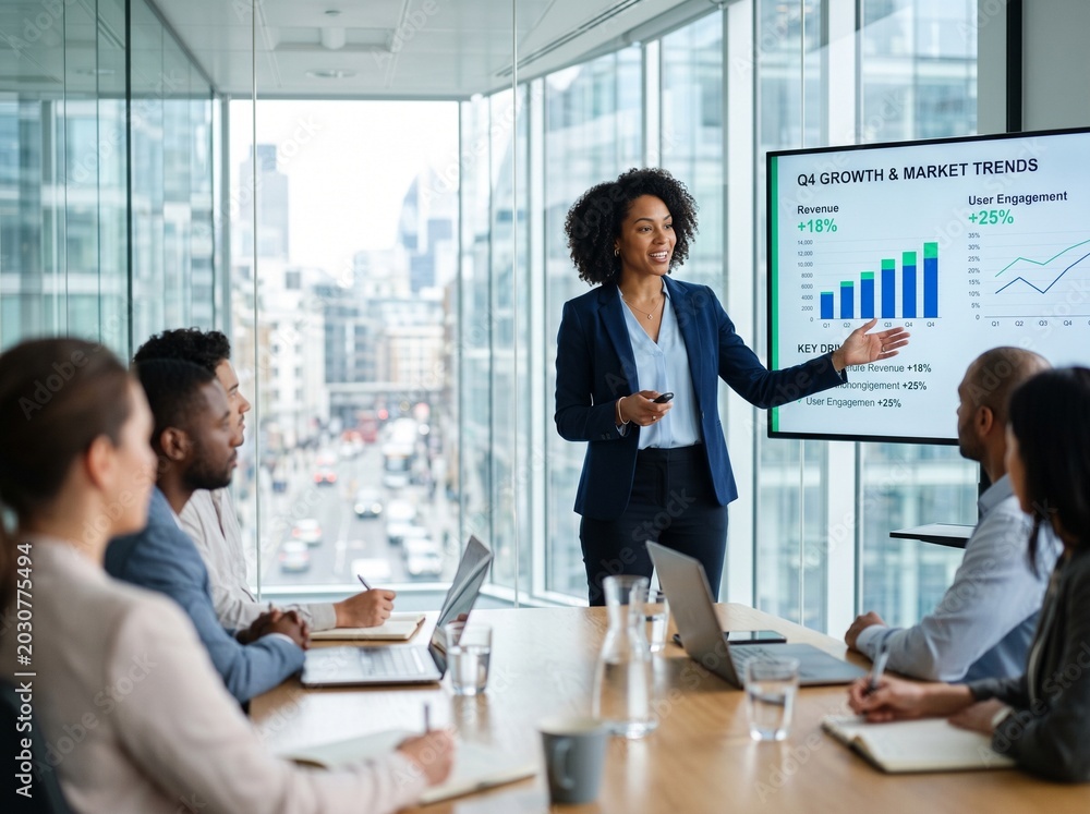 Fototapeta premium diverse businesswoman presenting growth trends to engaged team in modern office