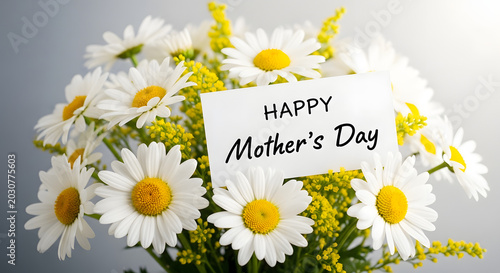 Happy Mother's Day card nestled among white daisies yellow flowers