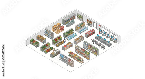 An isometric view of a modern grocery store interior with various product aisles