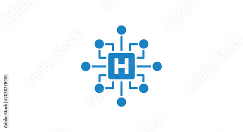 Obraz na plátně A blue digital icon representing a central hub with connected data nodes