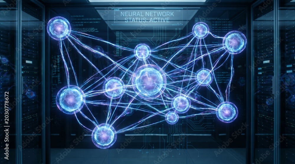 Obraz premium Abstract neural network connections, digital technology background, futuristic and complex data processing visual, artificial intelligence concept, high-tech interconnected nodes.