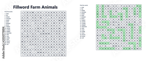 Fotografi Farm animals word search puzzle with with highlighted answers