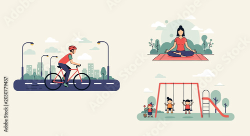 Foto People engaged in cycling meditation and playground activities.
