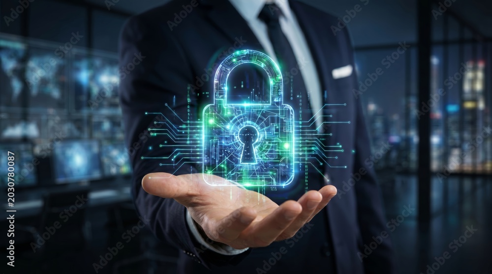 Fototapeta premium Futuristic digital padlock floating in a man's hand, a symbol of cybersecurity, data protection, blockchain technology, and digital privacy in a modern technological world.