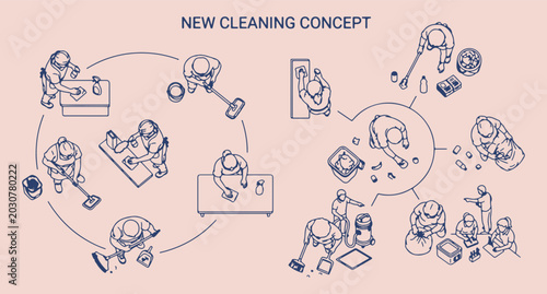 Photos cleaning service concept, professional janitor routine, monoline vector illustra