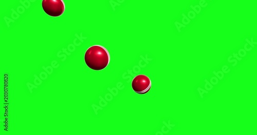 Dynamic red cricket balls fall and bounce against a bright green screen. This versatile chroma key element enhances sports content and visual effects seamlessly.