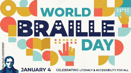 World Braille Day celebration poster with colorful geometric shapes in modern style for literacy and accessibility awareness