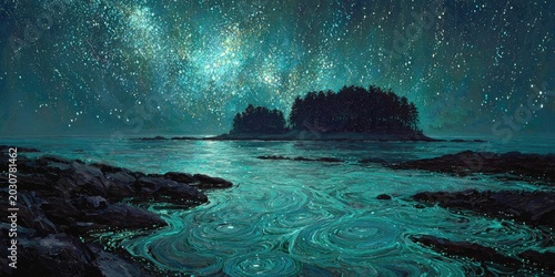 Emerald sea under starry sky, with small islands and swirling water