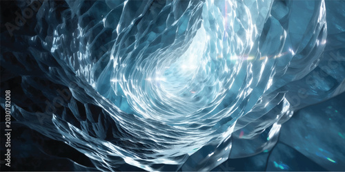 Fotografi Abstract blue crystal ice tunnel with shimmering frozen walls and bright radiant
