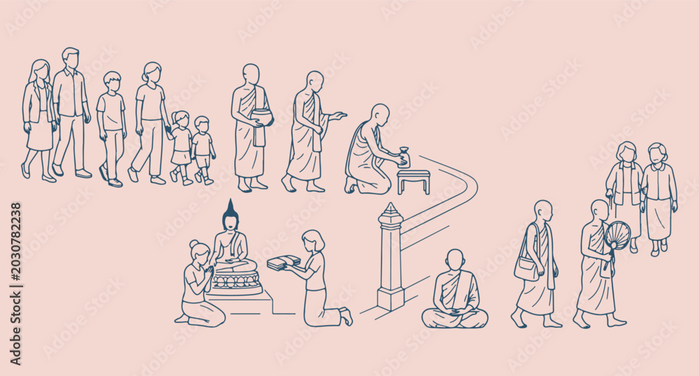 Obraz premium monks receiving alms in a community, monoline vector scene, spiritual and cultural tradition, giving and generosity, mindful practice illustration, clean minimalist design, heritage concept
