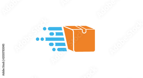 Fotografija A stylized orange cardboard box moving quickly with blue motion speed lines