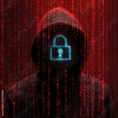 Anonymous hooded figure with glowing lock symbol against digital rain