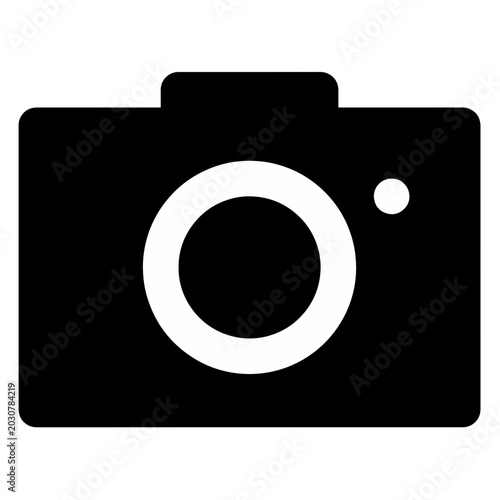 Camera icon, solid black silhouette symbol for photography and media.