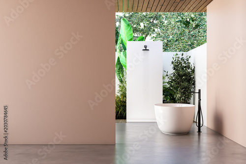 Quadro su tela Minimal bathroom interior with freestanding tub, outdoor shower and large blank wall, styled as a clean luxury backdrop with soft natural light
