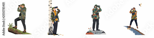Foto Collection of birdwatching enthusiasts in camouflage gear using binoculars to spot wildlife in various nature settings, isolated on a white background