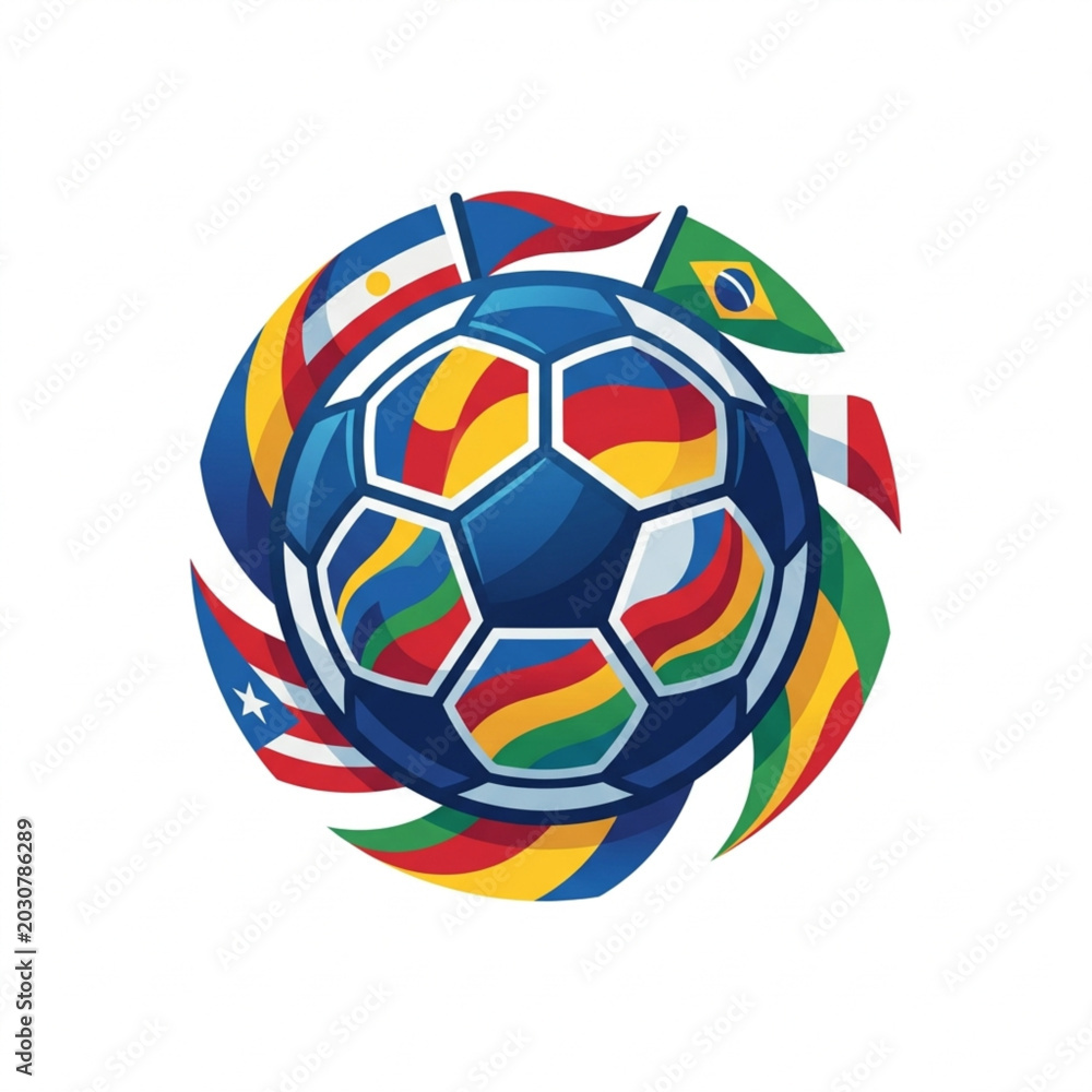Obraz premium Soccer ball with flags of different countries celebrating sports.
