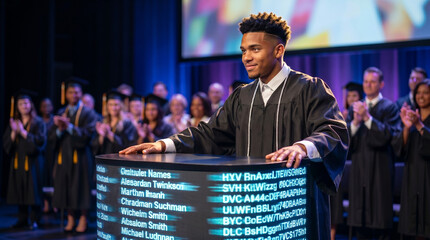 Young black man giving speech at graduation ceremony on stage  