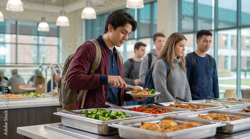 Male student with dark hair selects food from a buffet in a university dining hall, with other students waiting in line and large windows providing natural light