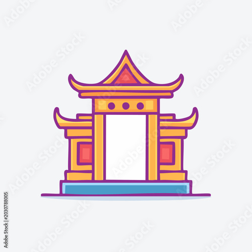 Chinese temple gate illustration, colorful design, cultural architecture.