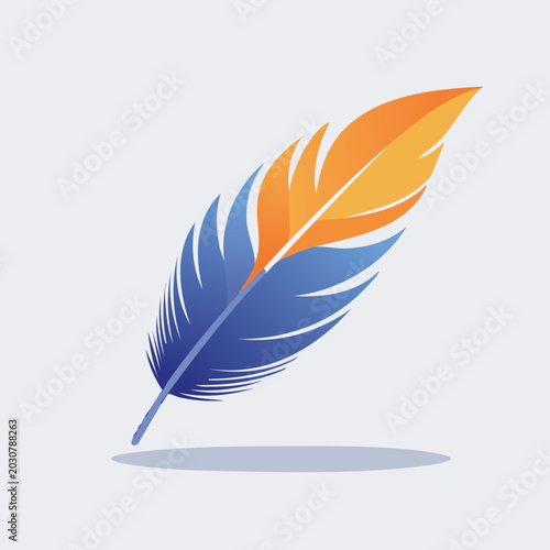 Colorful blue and orange bird feather vector illustration isolated on a light background.