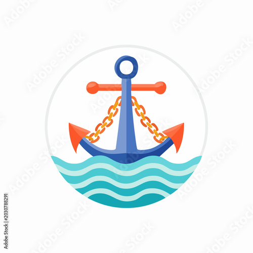 Colorful cartoon anchor with a gold chain in the ocean waves.