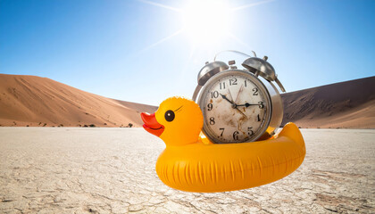 Vintage alarm clock with melting numbers floating on a giant yellow rubber duck in a sunny desert landscape.