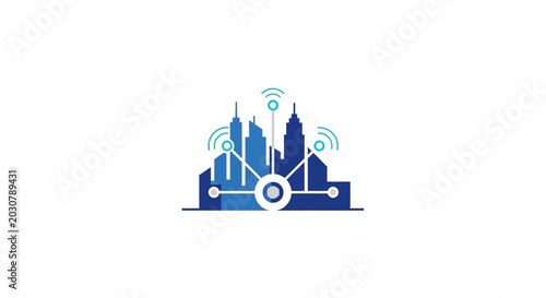 Cuadro en lienzo A digital illustration of a connected smart city skyline with wireless signals