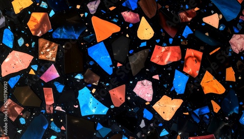 seamless colorful terrazzo floor texture dark black blue orange quartz cement abstract retro pattern background