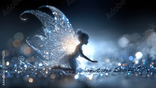 Fantasy wallpaper. A digital artwork depicts a fairylike figure in a dynamic pose, surrounded by sparkling, ethereal elements. The fairys wings are intricately detailed with a shimmering.
