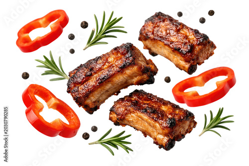 Grilled pork ribs, savory BBQ meat, delicious roasted pork, seasoned with fresh rosemary and red bell pepper isolated PNG with Transparent Background