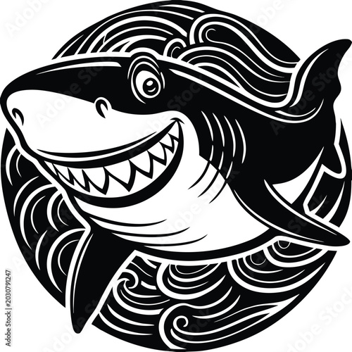 Black and white shark vector, cartoon shark icon, ocean creature illustration, monochrome design element
