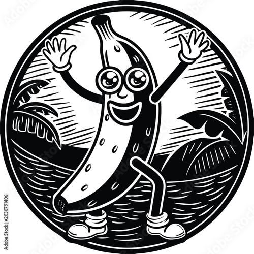 Canvas Print funny cartoon banana character, smiling monkey fruit icon, black and white illus