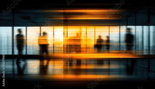 Blurred figures in an office with streaks of light