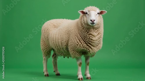 Fluffy white sheep standing on green background looking directly at camera