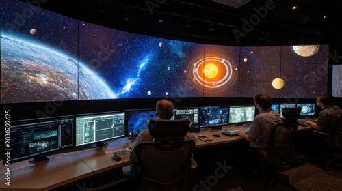 Control room displaying a vibrant solar system on a large curved screen