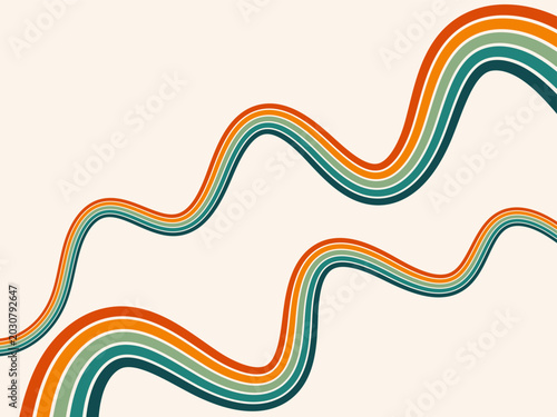 Foto Retro 70s Style Wavy Line Background with Groovy Rainbow Stripes and Stars