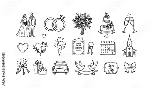 Hand drawn marriage icons set wedding elements black and white vector