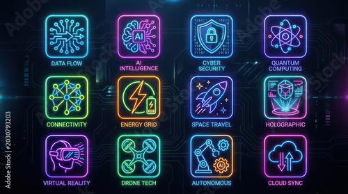 Neon icons for tech and science.