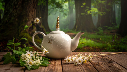 Whimsical Ceramic Teapot with Unicorn Horn Spout Surrounded by Forest Flora on Wooden Surface