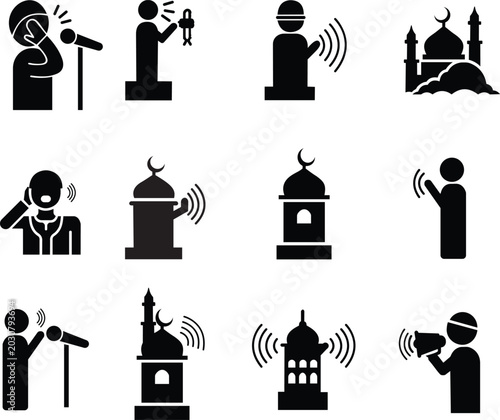 фотографія Set of adhan call to prayer icons, collection of islamic mosque and muezzin symb