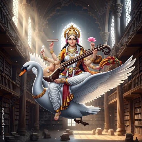Hindu Goddess Saraswati Playing Veena Instrument While Riding Sacred Swan in Ancient Library for Wisdom and Knowledge Concept