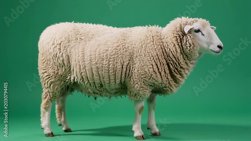 Fluffy white sheep standing on green background