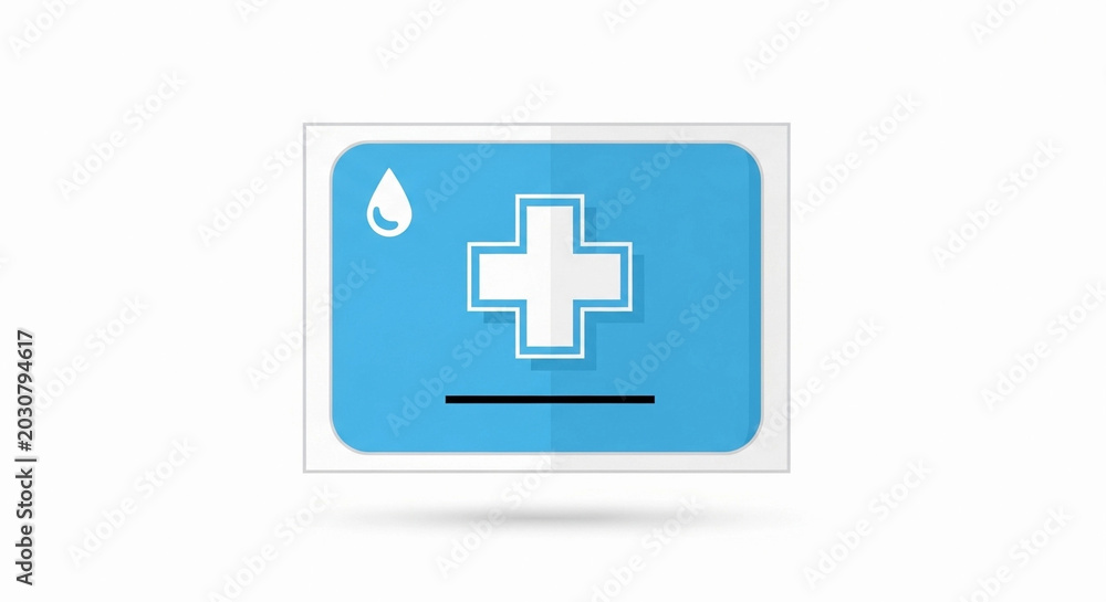 Fototapeta premium A clean, flat design graphic representing a medical blood test strip with a white cross emblem and droplet icon on a blue background.