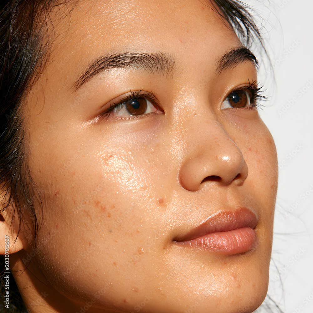 Fototapeta premium Close-up portrait of a young woman with freckles looking sideways