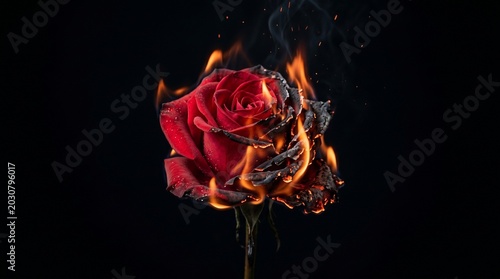Burning red rose with flames on black background