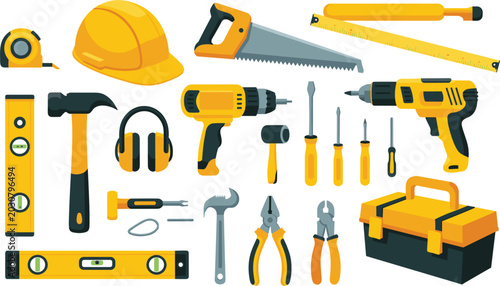 Yellow construction hand tools set with helmet, power drill, toolbox, hammer and safety gear vector