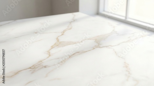 Empty white marble table surface bathed in natural sunlight near bright window