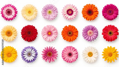 A vibrant collection of gerbera daisies in various colors arranged in three rows