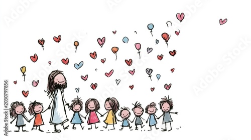 Sketch of Jesus with Children and Lovely Heart Balloons