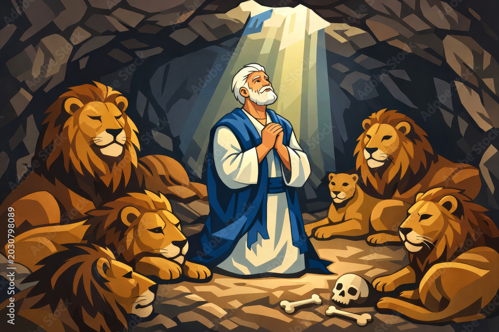 Obraz premium Daniel in the lions den old testament bible story of prophet Daniel saved by God after praying despite King Darius decree in Babylon captivity, religious cartoon stock illustration,